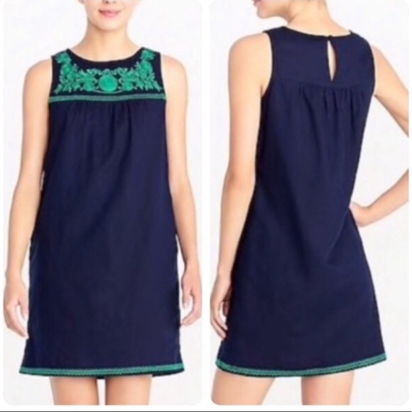 J. Crew Dresses & Skirts - J.Crew Embroidered Linen Cotton Navy & Green Dress